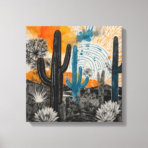 Oranje Sunset Desert Cactus Waterverf Wall Art Canvas Afdruk