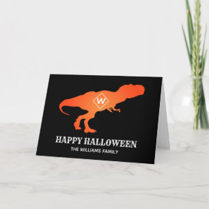 Oranje T Rex Happy Halloween Klantenfamilienaam Kaart