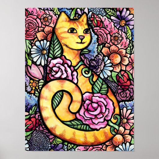Oranje Tabby Cat Flower Garden Poster (Voorkant)