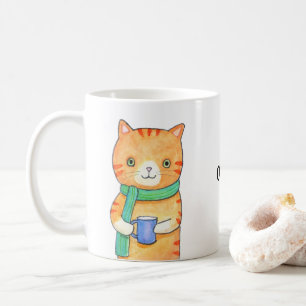 Oranje Tabby Cat met Hot Drink Funny Custom Name Koffiemok