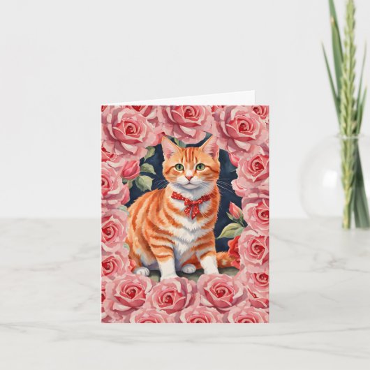 Oranje Tabby Cat Miauw-tastische Floral Valentijn Feestdagen Kaart (Voorkant)