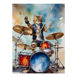 Oranje Tabby Cat Rock Star Spelen De Drums Perfect Poster