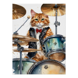 Oranje Tabby Cat Rock Star Spelen Drums Rood Strop Perfect Poster