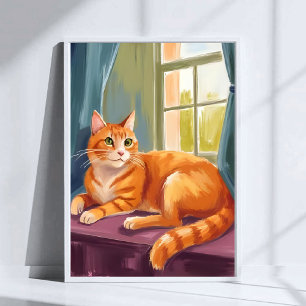 Oranje Tabby Kat Aquarel Huisdier Schilderij Poster