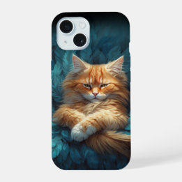 Oranje Tabby Poesje in Bed van Blauwe Veren iPhone 15 Hoesje
