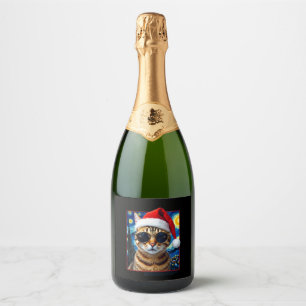 Oranje Tabbykat Kerstmis met Sterrennacht Sparkling Wijnetiket