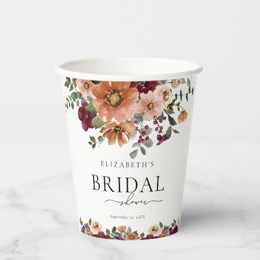 Oranje Terracotta Bourgondië Bloemige Bruidsdouche Papieren Bekers (Voorkant)