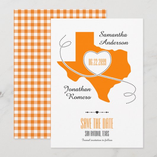 Oranje Texas Curling Ribbon Save the Date (Voorkant / Achterkant)