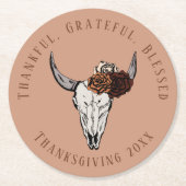 Oranje Thanksgiving Bloemenstier Schedel Koe Sched Ronde Kartonnen Onderzetter (Voorkant)