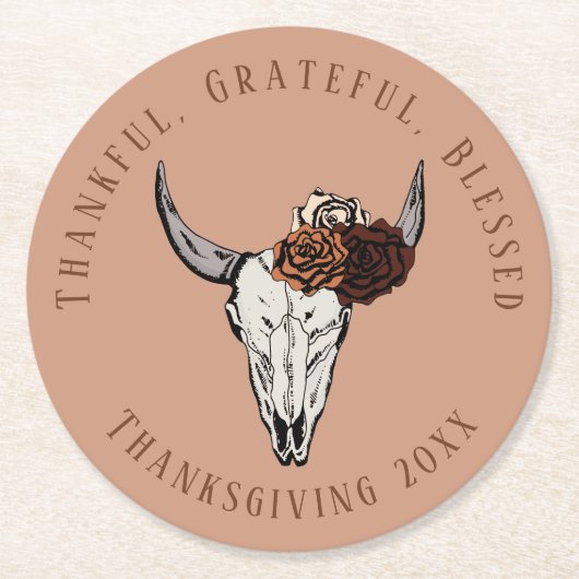 Oranje Thanksgiving Bloemenstier Schedel Koe Sched Ronde Kartonnen Onderzetter (Voorkant)