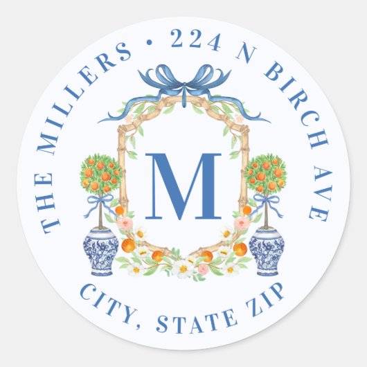 Oranje Topiary Chinoiserie Monogram Adres Ronde Sticker (Voorkant)