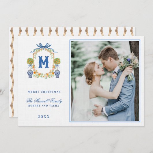 Oranje Topiary in Chinoiserie Pot Crest Monogram Kaart (Voorkant / Achterkant)