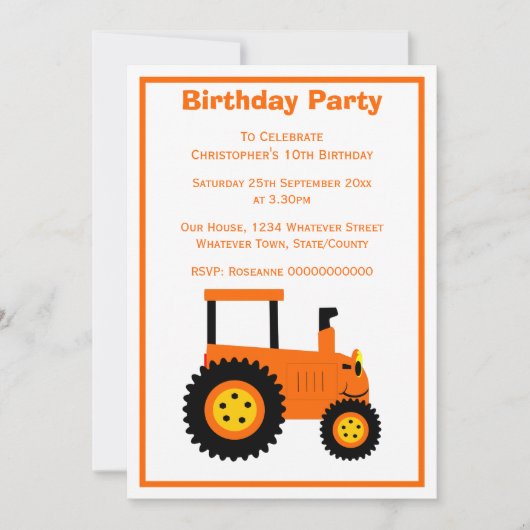 Oranje tractor ontwerp gepersonaliseerde verjaarda kaart (Voorkant)