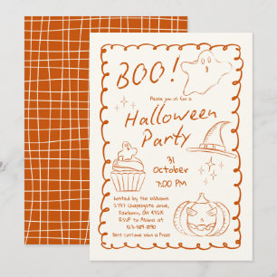 Oranje trendy hand getekend schetsmatig Halloween Kaart