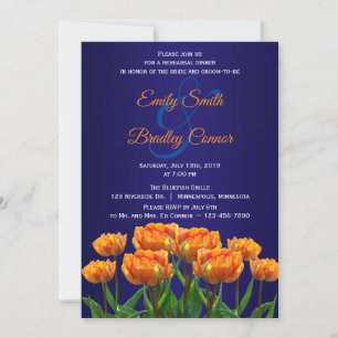 Oranje Tulpen op Navy Blue Custom Rehearsal Dinner Kaart