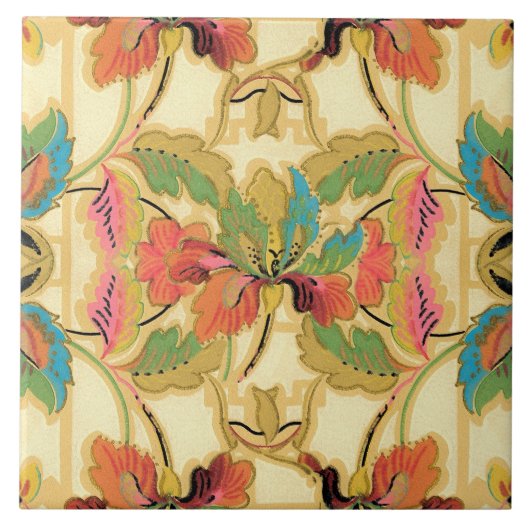 Oranje Turquoise Floral Wallpaper Pattern Tegeltje (Voorkant)