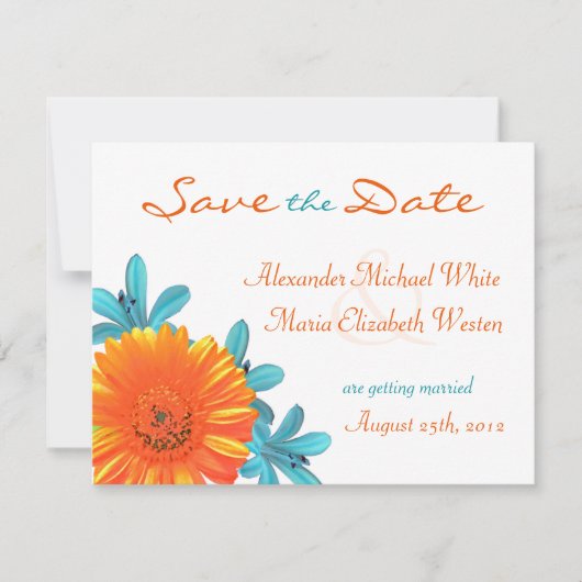 Oranje & Turquoise Zomerbloem Save the Date (Voorkant)