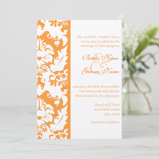 Oranje uitnodigingen tot bruiloft in Damask Weddin (Staand voorkant)