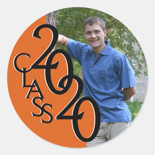 Oranje Varsity 2020 Afstuderen Klasse met Foto Ronde Sticker (Voorkant)