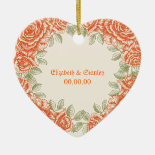 Oranje vintage rozen Huwelijk opslag datum Keramisch Ornament