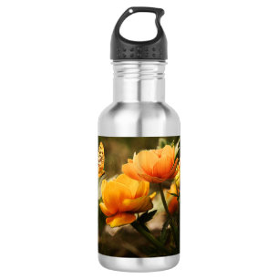Oranje vlinder en bloemen waterfles 