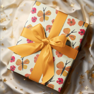 Oranje vlinder rode papaver Schattigee retro Earth Cadeaupapier
