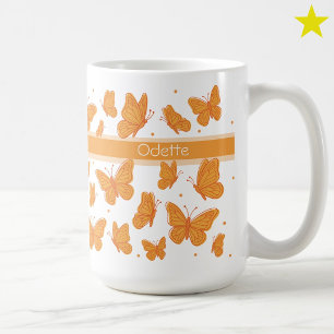 Oranje Vlinders & Stippen Aangepaste Naam Monogram Koffiemok
