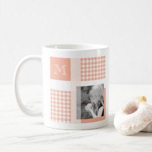 Oranje Voeg je foto Gingham Modern Monogram toe Koffiemok