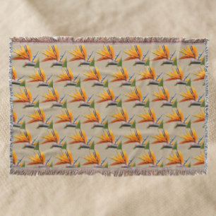 Oranje Vogel van Paradijs Plant Patroon op Khaki Deken