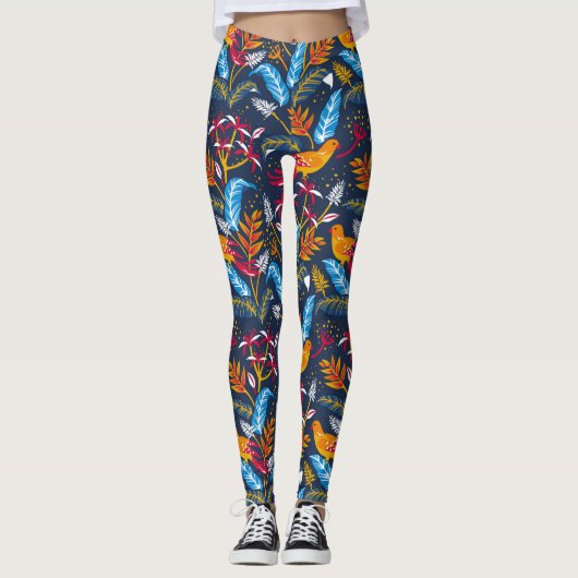 Oranje vogels en botanische veren leggings (Voorkant)