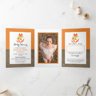 Oranje vos burlap, Baby shower suite Drieluik Uitnodiging