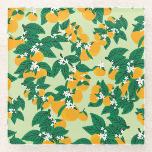 Oranje vruchten: groen  motief. glazen onderzetter