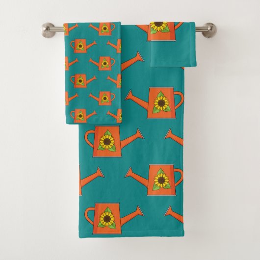 Oranje Watering Can met Zonnebloem Bad Handdoek (Insitu)