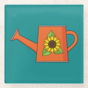Oranje Watering Can met Zonnebloem Glazen Onderzetter