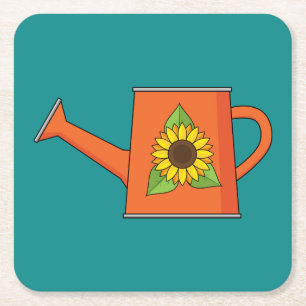 Oranje Watering Can met Zonnebloem Vierkante Kartonnen Onderzetter