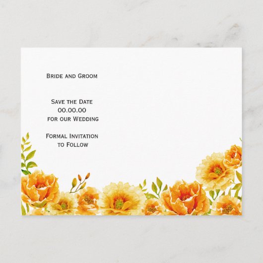 Oranje waterverf bloemen bruiloft Save the Date Aankondigingskaart (Achterkant)
