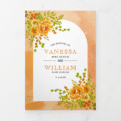 Oranje waterverf bloemen en bloemetjesbruiloft drieluik uitnodiging (Cover)