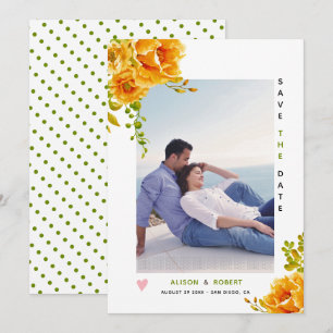 Oranje waterverf bloemen, groene bladeren foto her save the date