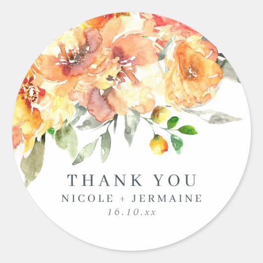 Oranje Waterverf bloemen Weddenschap Ronde Sticker (Voorkant)