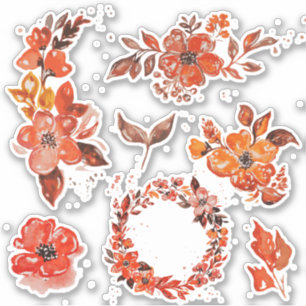 Oranje Waterverf bloemenset Sticker
