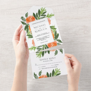Oranje Waterverf Bloemrijke Tuin Groene Huwelijk All In One Uitnodiging