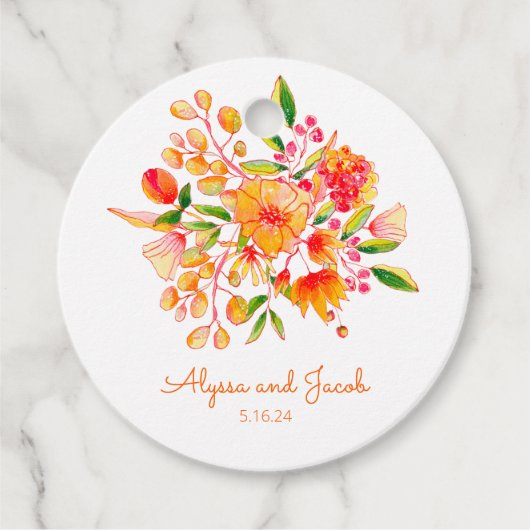 Oranje Waterverf Flowers Custom Wedding Bedankjes Labels (Voorkant)