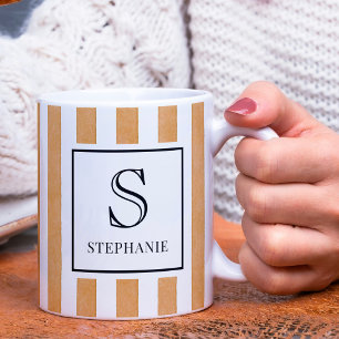 Oranje Waterverf Strepen Patroon Monogram & Naam Koffiemok
