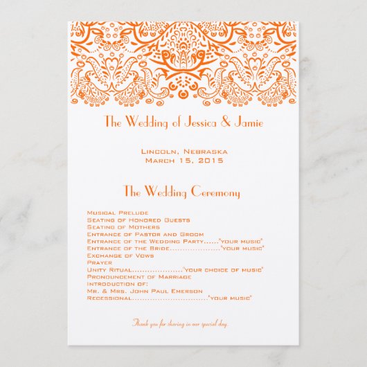 Oranje Whimisical Tortelduifjes huwelijksprogramma Programma (Voorkant)