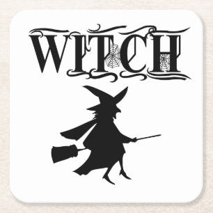 Oranje Wicked Flying Witch Halloween Vierkante Kartonnen Onderzetter