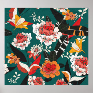 Oranje-wit bloemig:  naadloze illustratie poster