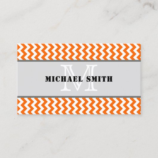 Oranje wit Chevron Zigzag Monogram Visitekaartje (Voorkant)