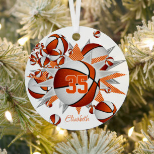 oranje witte basketballen sterren meisjes keepsake metalen ornament