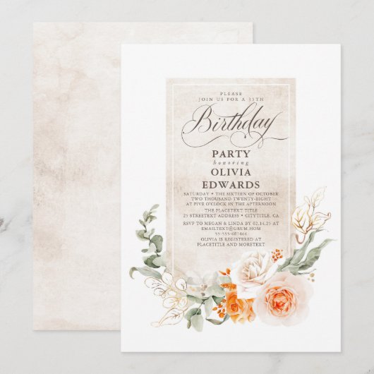 Oranje witte bloemen Elegant Boho Birthday Kaart (Voorkant / Achterkant)