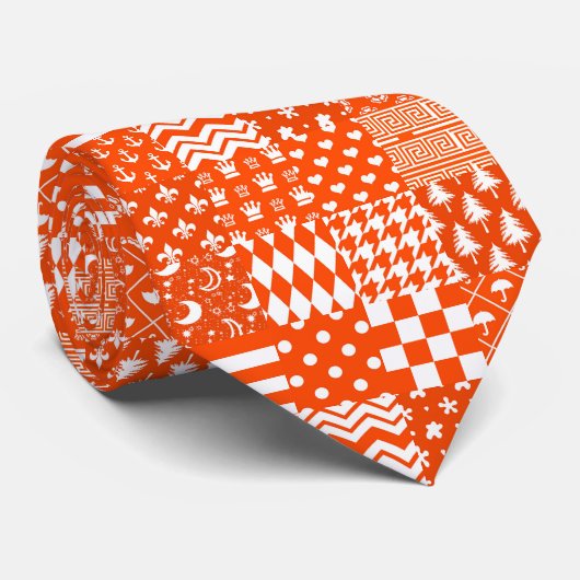 Oranje Witte Gemengde Patchwork Ontwerp Stropdas (Opgerold)